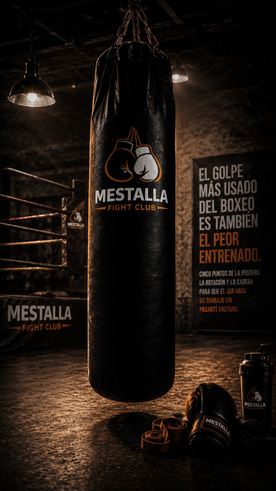 Saco pesado Mestalla Fight Club junto al cartel del artículo: el jab es el golpe más usado del boxeo y también el peor entrenado