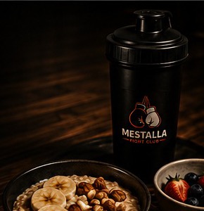 Desayuno deportivo con shaker Mestalla, bowl de avena, plátano y frutos rojos