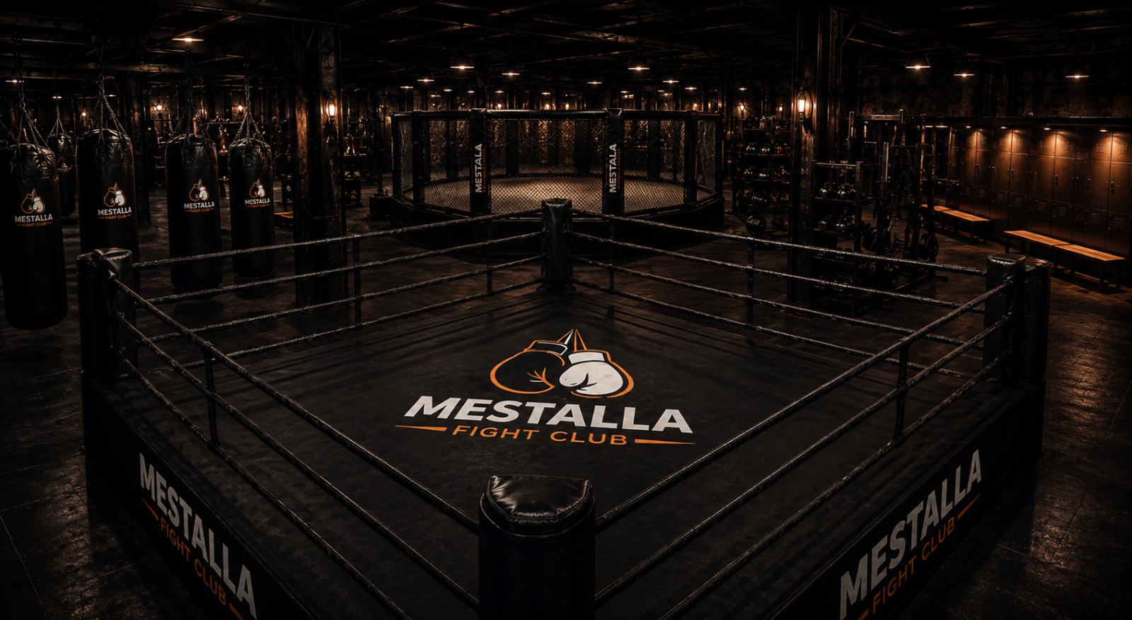 Sala principal de Mestalla Fight Club: ring central, jaula de MMA al fondo, sacos pesados a la izquierda y vestuarios a la derecha